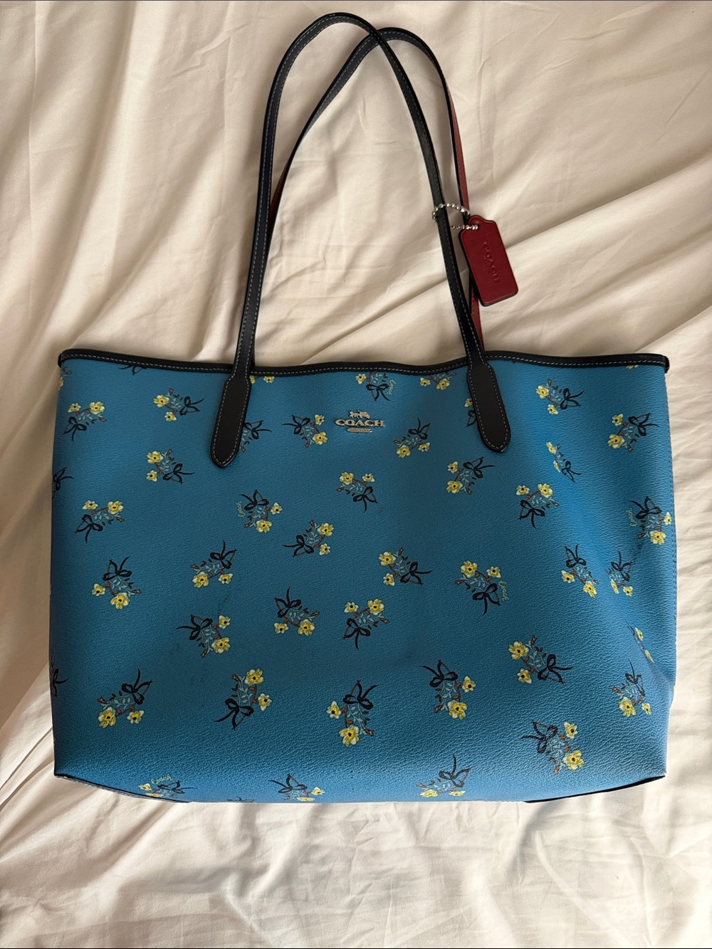 Coach Teal Blue Floral Tote with Black Straps